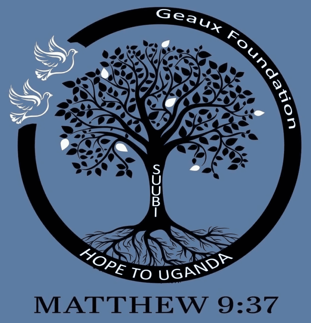 A tree with the words geaux foundation and matthew 9 : 3 7 underneath it.