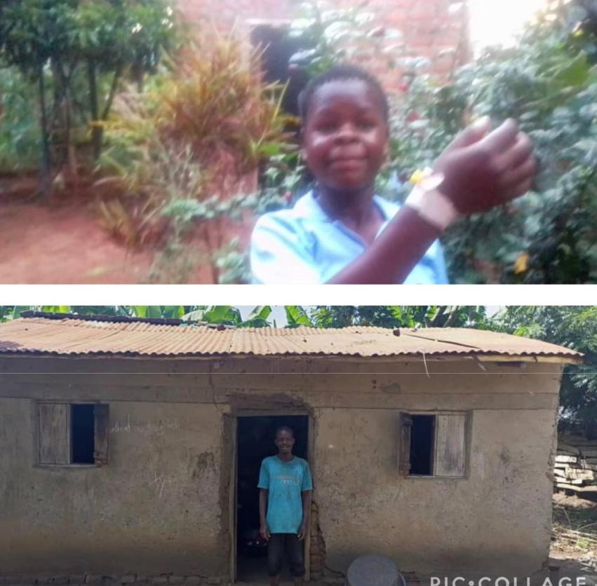 A collage of two pictures with a person in front of a house